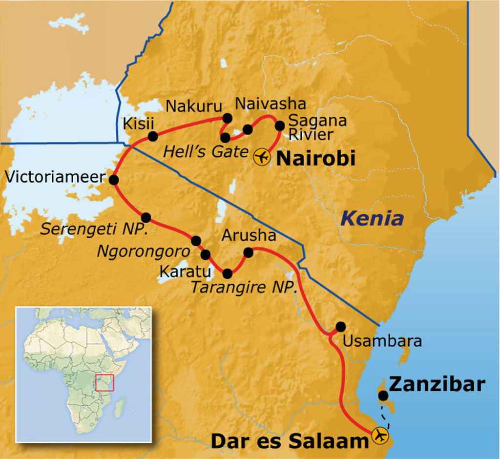 Routekaart Kenia & Tanzania met reisroute via Nairobi, Serengeti, Ngorongoro, Arusha, Dar es Salaam en Zanzibar.