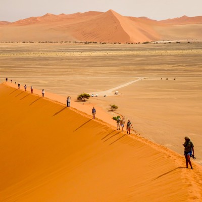 Reizigers wandelen over een hoge zandduin in de Namibwoestijn tijdens een kampeergroepsrondreis door Zuidelijk Afrika.