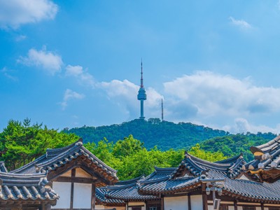 Traditionele hanok-daken in Seoul met de N Seoul Tower op de Namsan-berg op de achtergrond.