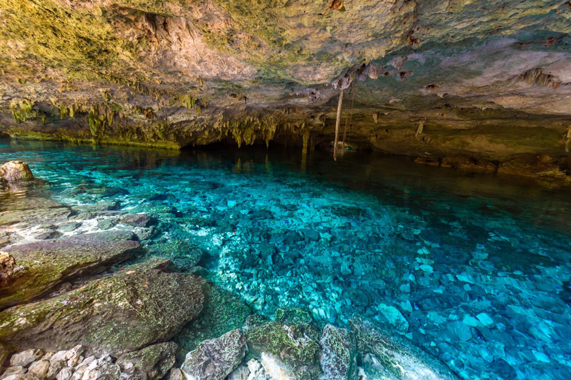 Kristalhelder blauw water in een cenote-grot met stalactieten, Mexico.