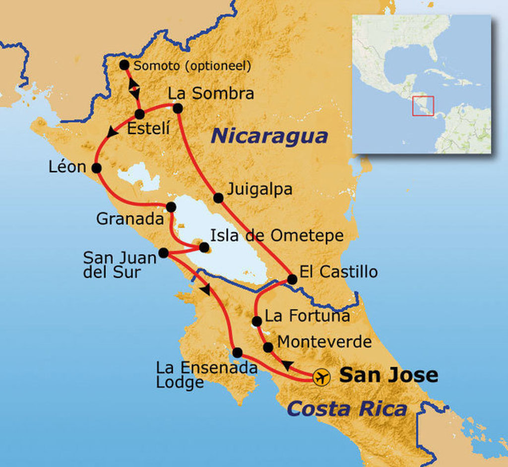 Routekaart Costa Rica en Nicaragua met reisroute via San Jose, Monteverde, La Fortuna, Granada, León en Estelí.