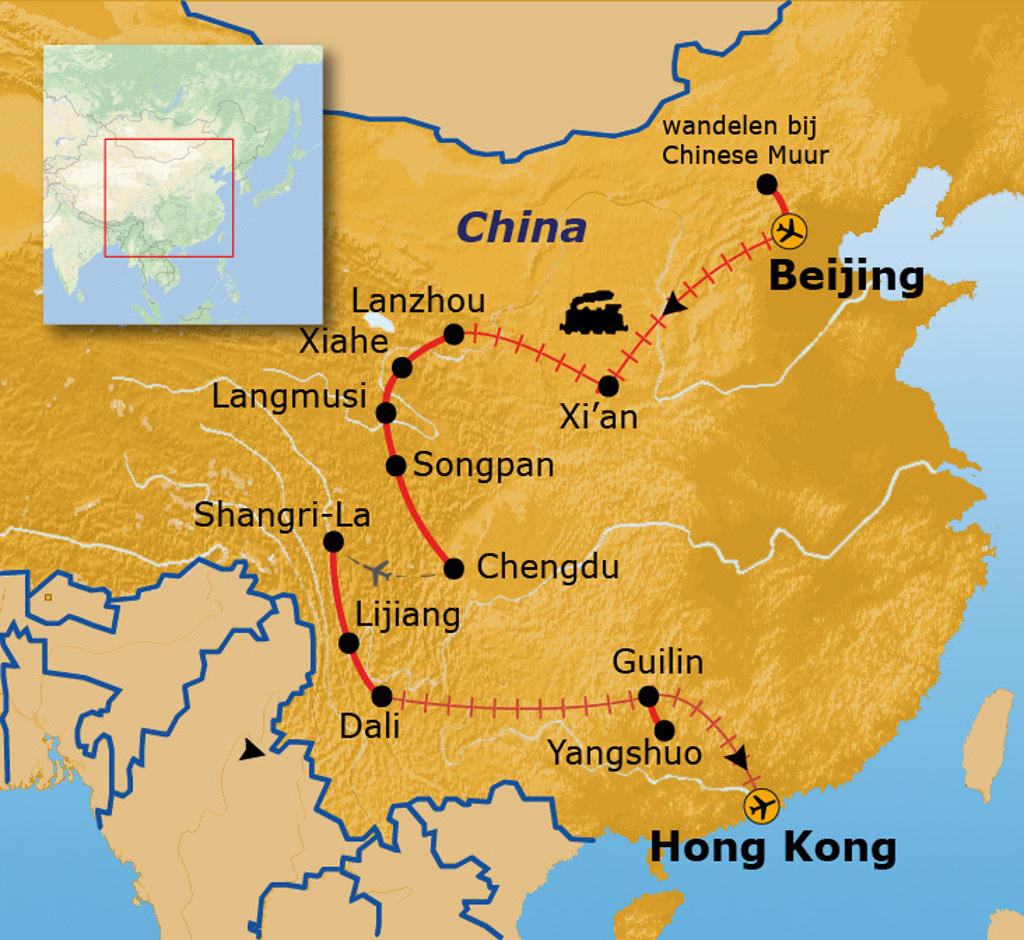 Routekaart China 32 dagen met reisroute Beijing, Xi’an, Chengdu, Dali, Lijiang, Guilin, Yangshuo en Hong Kong.