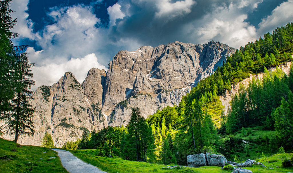 Berglandschap in Slovenië met wandelpad, groene bossen en ruige rotsbergen onder een dramatische lucht.