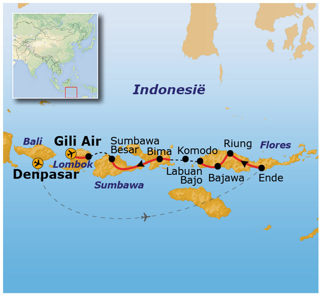 Routekaart Kleine Sunda Eilanden: Denpasar, Gili Air, Sumbawa, Komodo, Labuan Bajo, Riung, Ende en Flores.