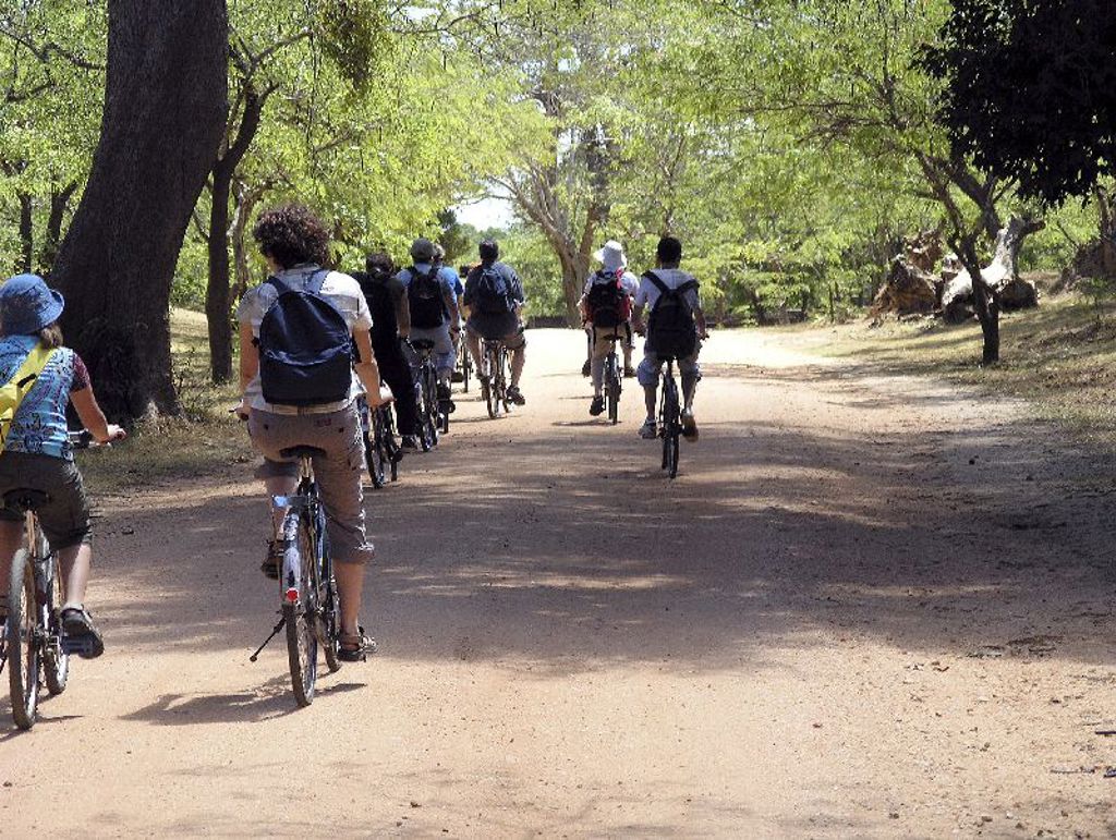 Gezin fietst over een zandpad door een groen natuurgebied tijdens familiereis Sri Lanka en Malediven.
