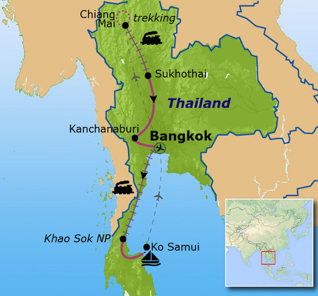 Routekaart Thailand Noord en Zuid met Bangkok, Chiang Mai, Sukhothai, Kanchanaburi, Khao Sok NP en Ko Samui.