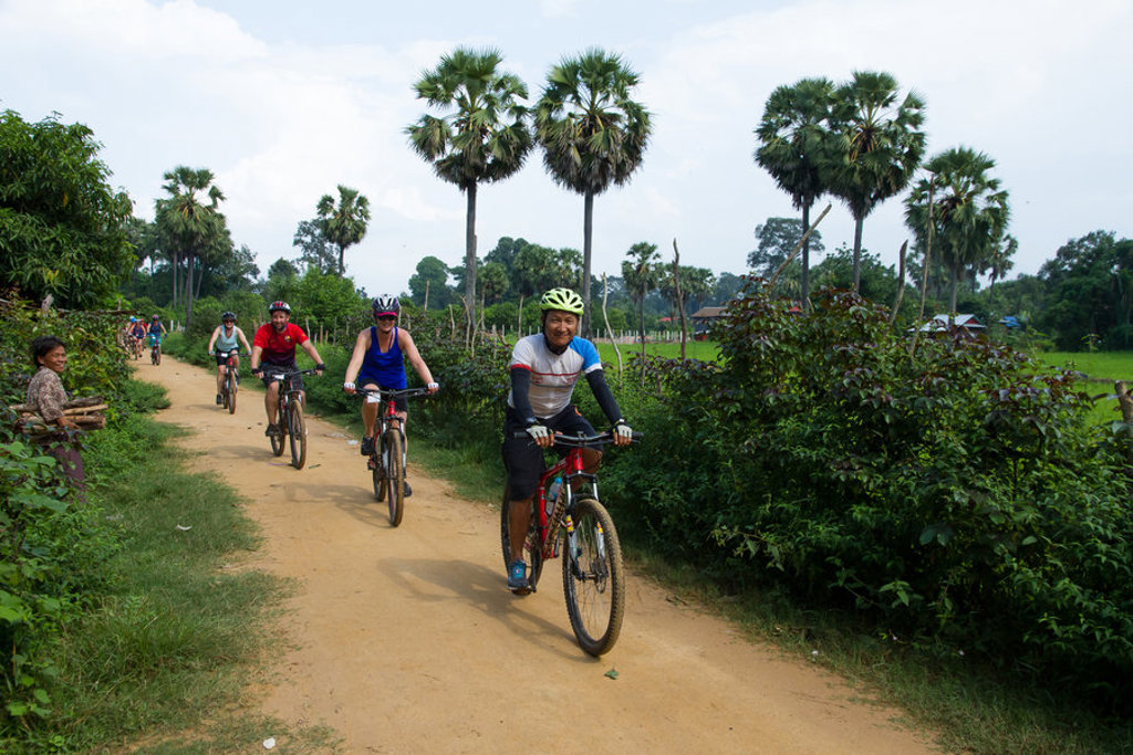 Groep fietsers tijdens een fietsvakantie in Vietnam op een zandpad langs rijstvelden en palmbomen.