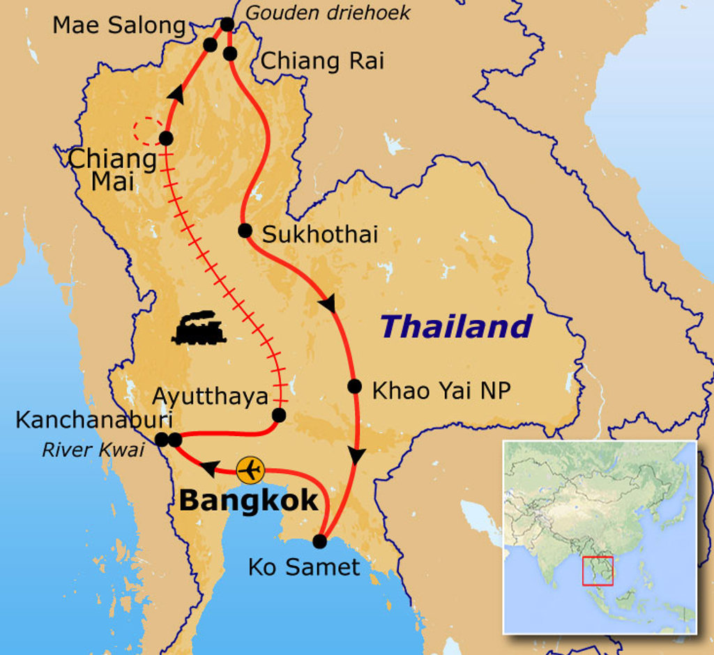 Routekaart Thailand 21 dagen: Bangkok, Kanchanaburi, Ayutthaya, Sukhothai, Chiang Mai en Chiang Rai.