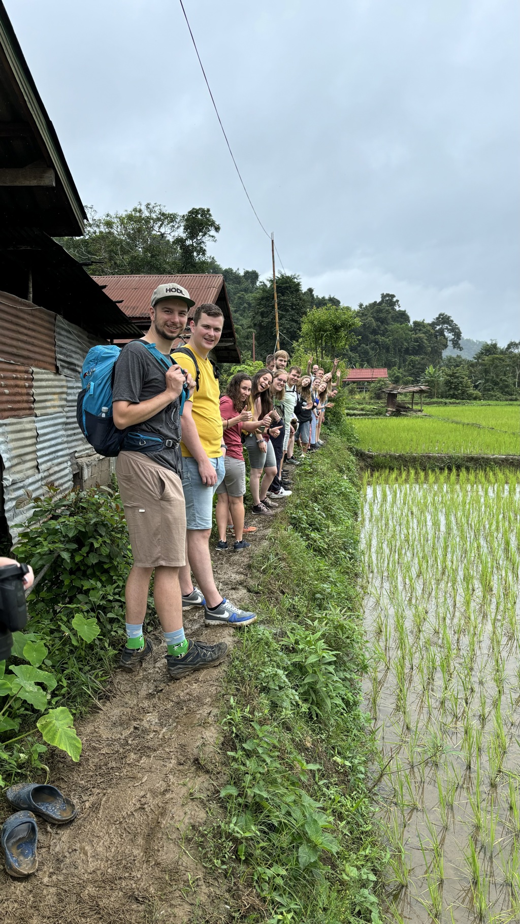 Groep 22-35ers wandelt langs rijstvelden tijdens reis Thailand, Laos en Cambodja.