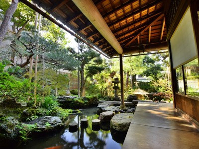 Traditionele Japanse tuin met vijver en stapstenen naast een houten theehuis, Route Japan dag 12.