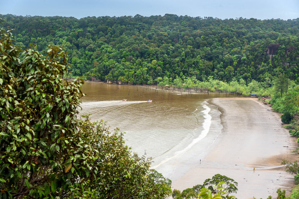 Uitzicht op een baai met zandstrand en regenwoud in Maleisisch Borneo.