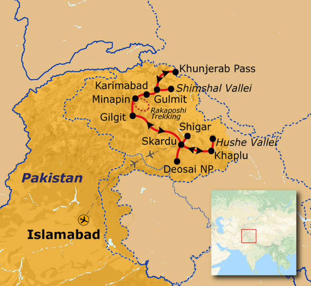 Routekaart Pakistan Baltistan & Hunza met reisroute langs Islamabad, Gilgit, Karimabad, Skardu, Deosai NP en Khunjerab Pass.