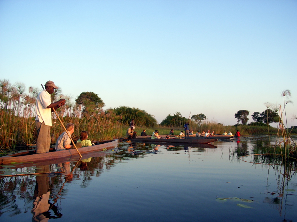 Groepsrondreis Zuidelijk Afrika: mokorotocht met reizigers in kano’s tussen riet en waterplanten bij zonsondergang.