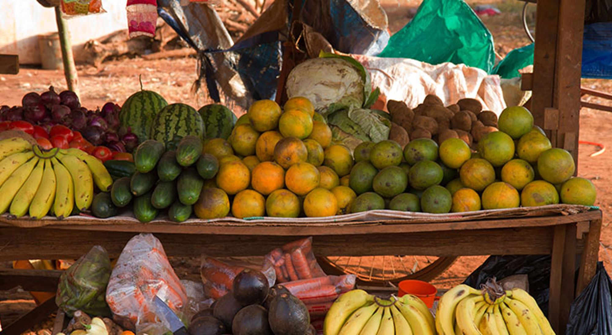 Fruitkraam op een markt in Tanzania met bananen, citrusvruchten, watermeloenen en avocado’s.