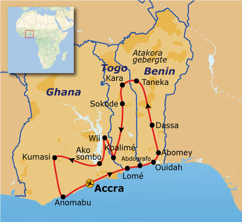 Routekaart Voodoo reis door Ghana, Togo en Benin met stops in Accra, Lomé, Ouidah en Abomey.