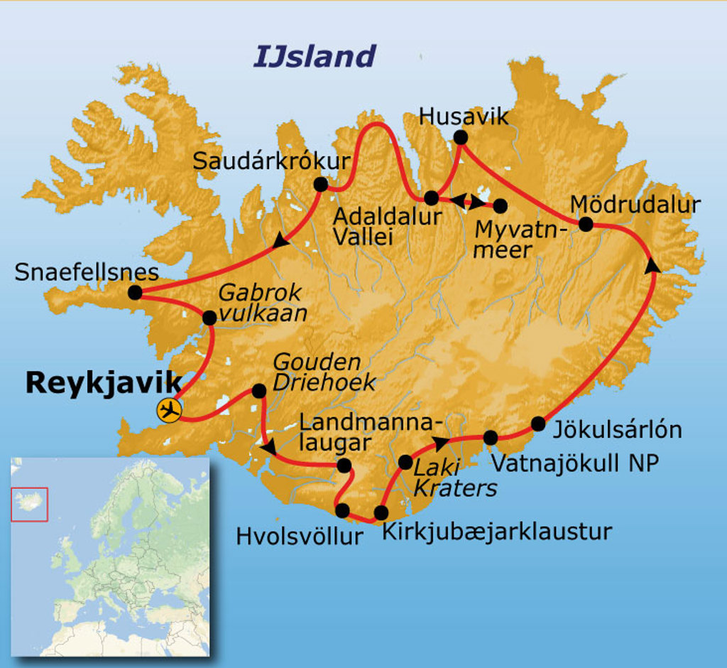 Routekaart rondreis IJsland met Reykjavik, Snæfellsnes, Myvatnmeer, Húsavík, Vatnajökull NP en Jökulsárlón.