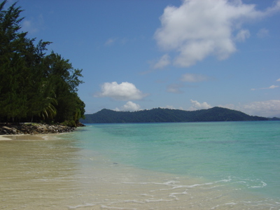 Tropisch strand op Kalimantan met helderblauw water, palmen en groene heuvels aan de horizon.