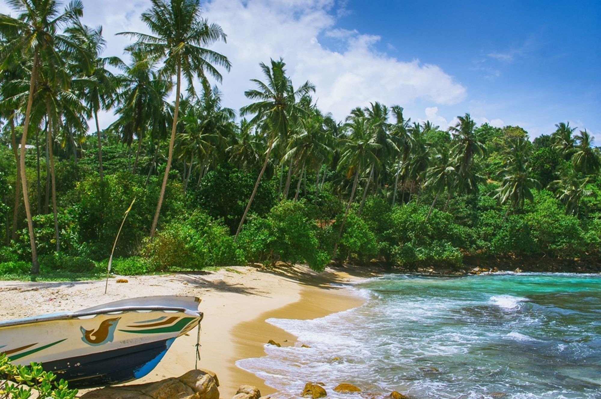 Tropisch strand in Sri Lanka met palmbomen, helderblauw water en een boot op het zand.