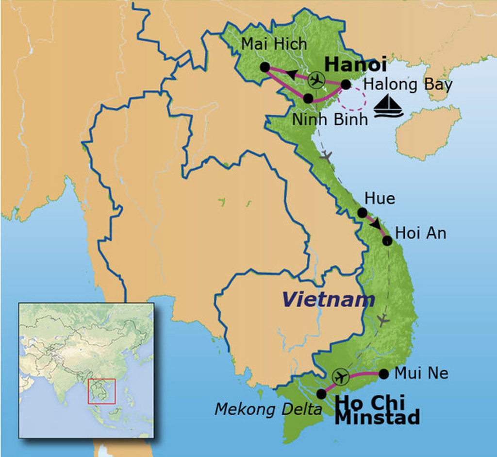 Routekaart Vietnam met reisroute langs Hanoi, Mai Hich, Ninh Binh, Halong Bay, Hue, Hoi An, Mui Ne en Ho Chi Minhstad.