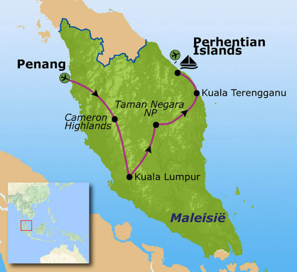 Routekaart Maleisië met Kuala Lumpur, Cameron Highlands, Taman Negara, Kuala Terengganu, Perhentian Islands en Penang.