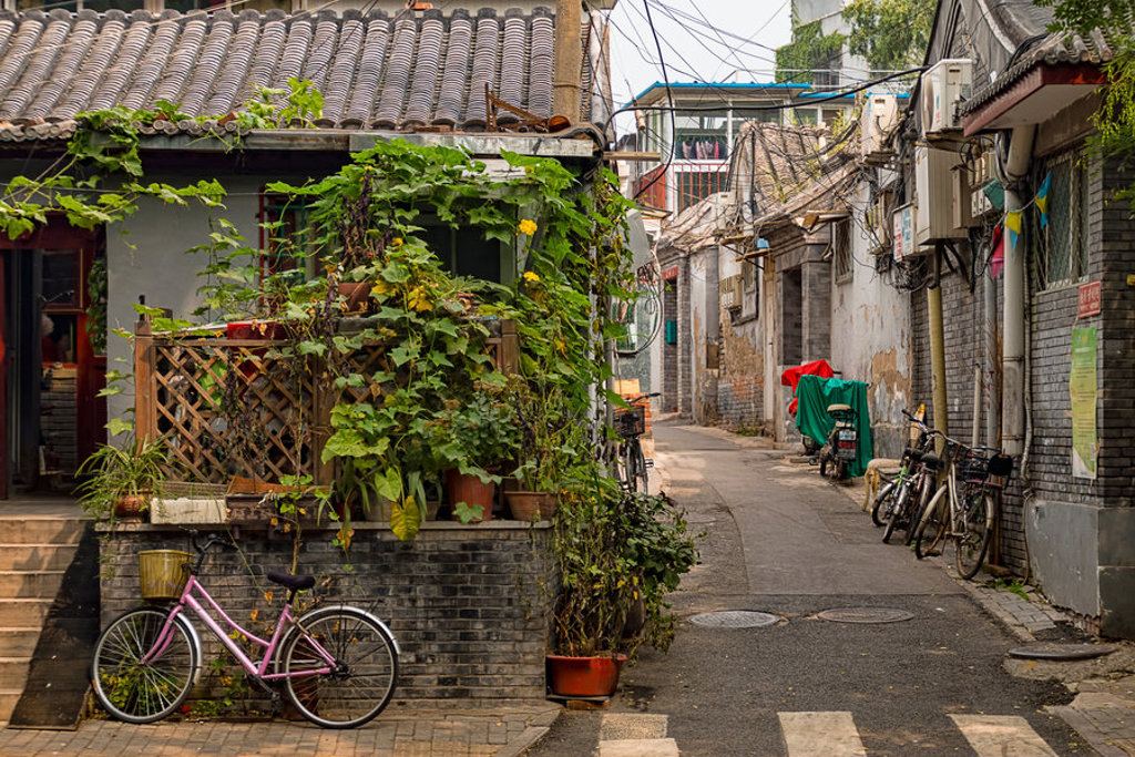 Smalle hutong-steeg in China met fietsen, oude huizen en groen begroeid terras.