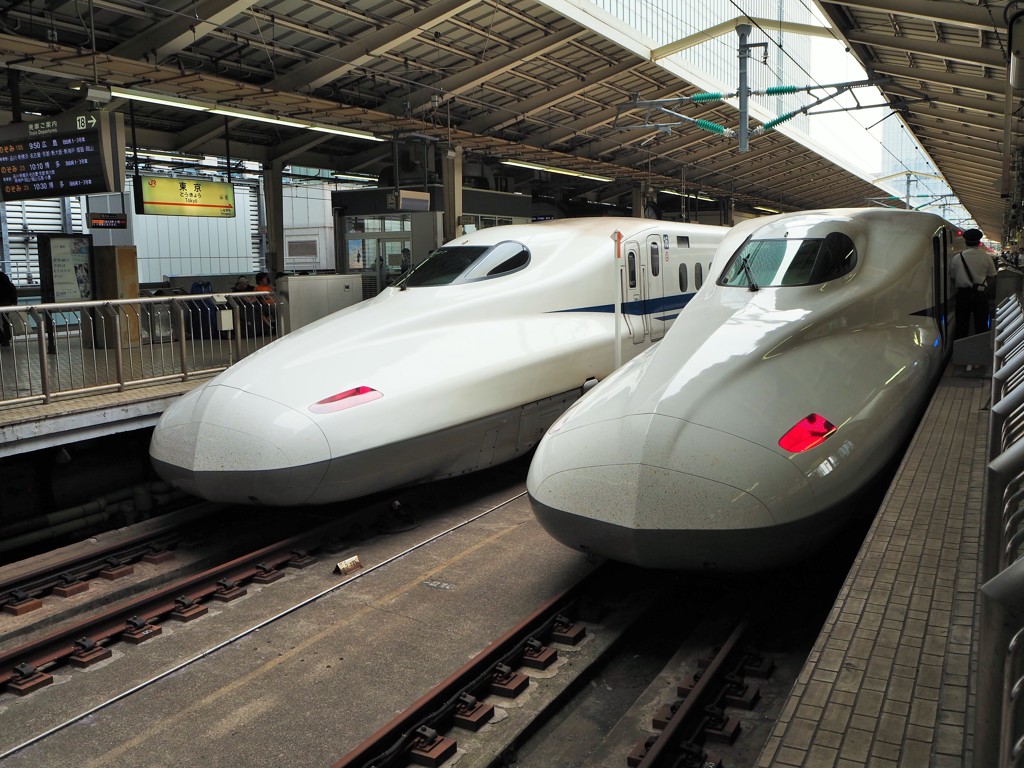 Twee Shinkansen hogesnelheidstreinen op het perron in Japan tijdens een familiereis.