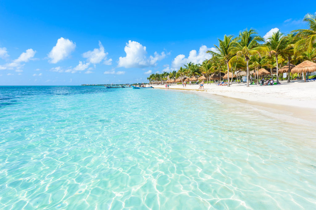 Wit zandstrand met palmbomen en helderblauw zeewater in Mexico, ideaal voor een familiereis.