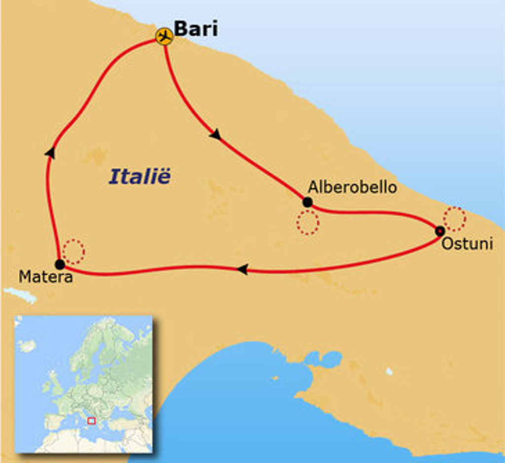 Routekaart Puglia en Matera met reisroute via Bari, Alberobello, Ostuni en Matera.